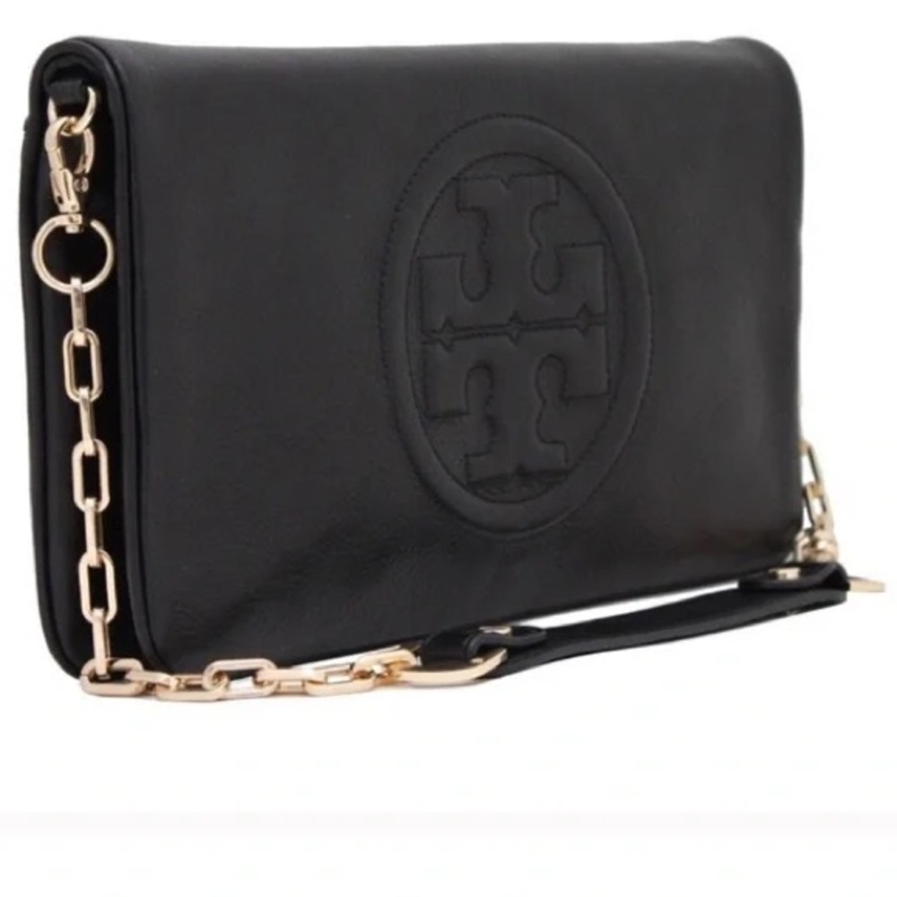 Tory Burch Black Leather Shoulder Bag with Gold Chain Accent
